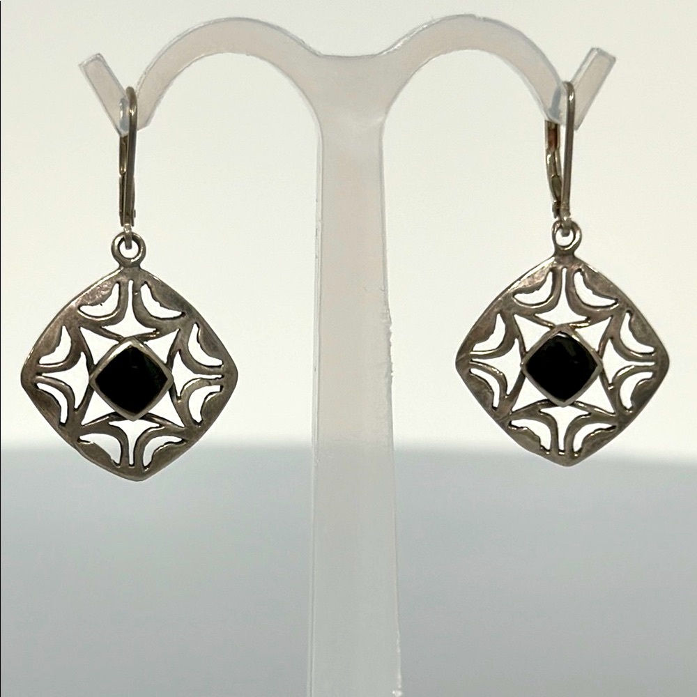 Elegant 925 silver Onyx Intricate Silver and Black Medallion Earrings